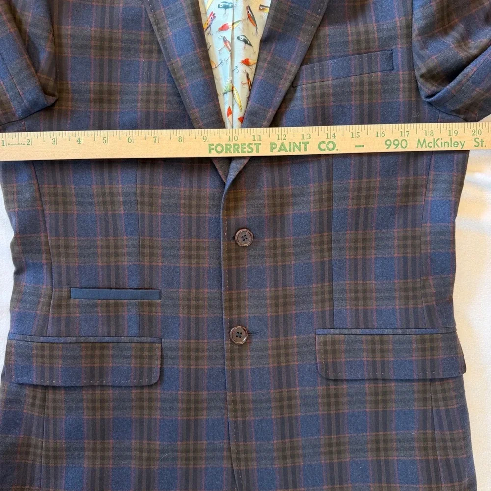 Ted Baker Tight Lines Blazer 38R Blue Brown Plaid Windowpane Preppy Sport Coat